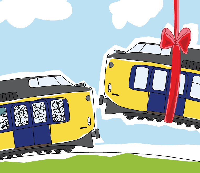 Source: the front cover of my PhD thesis A crowded train full of people, and an empty train delivered from the sky with a nice red ribbon