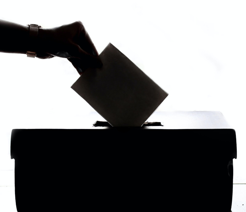 A hand putting a ballot in a ballot box
